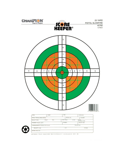 Champion Traps & Targets Fluorescent Orange/Green Bullseye Scorekeeper Target, 25 Yard Pistol Slow Fire, 12 Pack