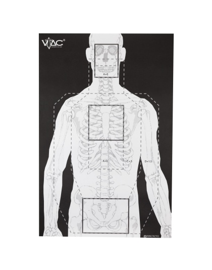 Action Target VTAC-P, Viking Tactics Double Sided Advanced Training Target, Marksmanship Side Has 4 SR-1C Bulls-Eye Target w/1" Square Sighting Grid, Silhouette Side w/Visible Skeleton, Black/White, 23"x35", 100 Per Box