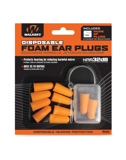 Walker's Ear Plug, Foam, Orange, 5 Pairs per Pack, Includes Plastic Storage case